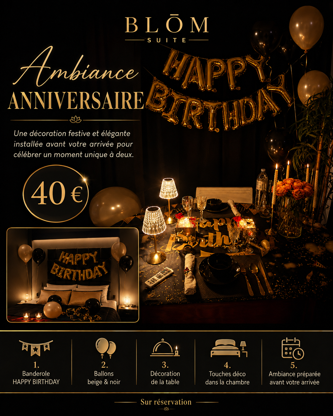 Ambiance Anniversaire BLŌM avec décoration Happy Birthday, ballons et table romantique