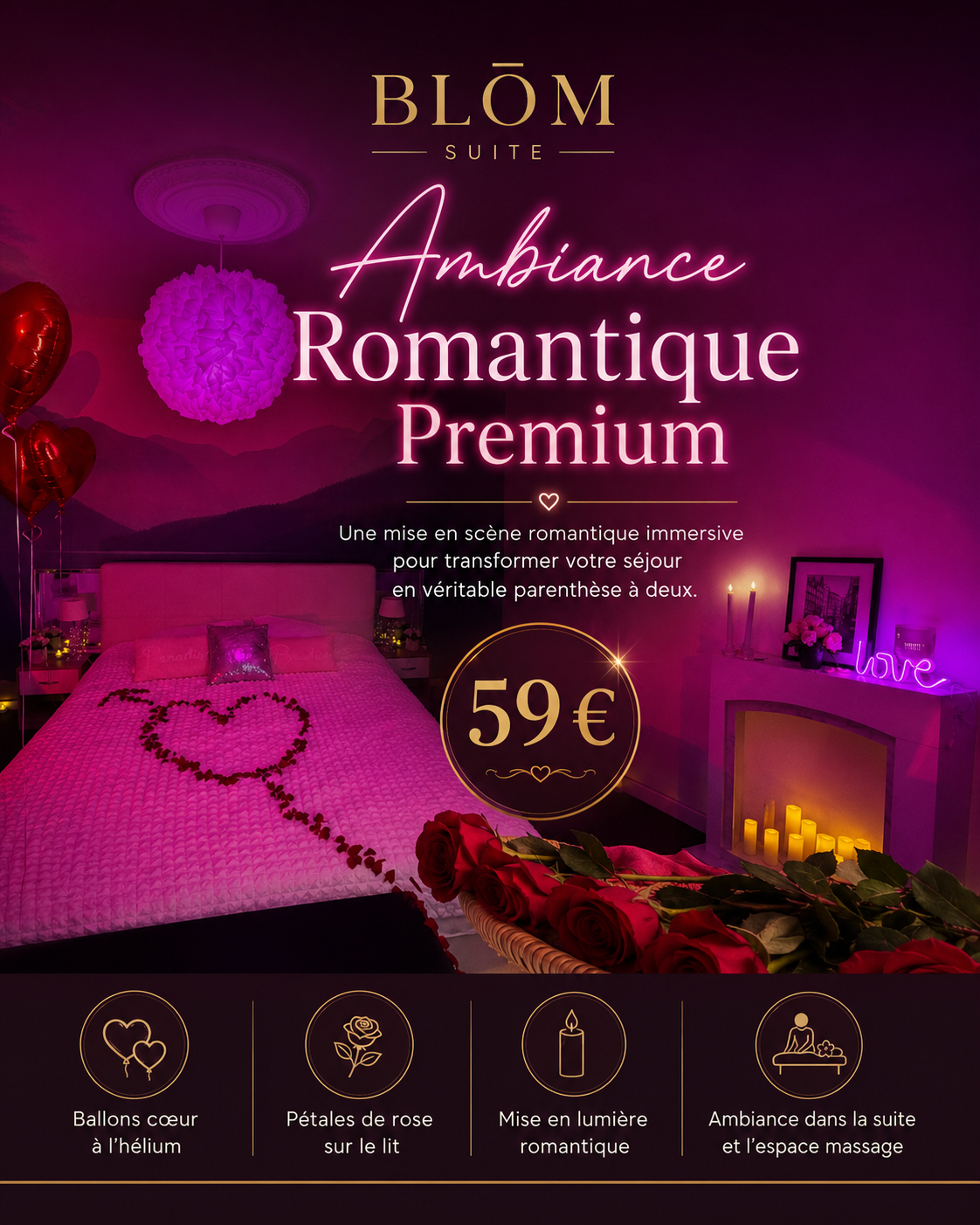 Ambiance Romantique Premium BLŌM avec spa, ballons cœur et lumière tamisée